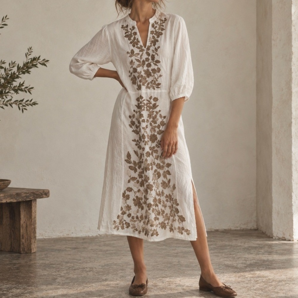 Soft Surroundings Midi Dress Linen Blend Embroidered M White Boho Summer Coastal